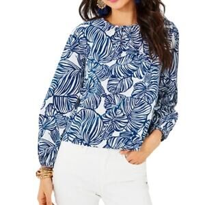Lilly Pulitzer Women Rilynn Long Sleeve Cotton Top Aegean Navy Beach Path Medium